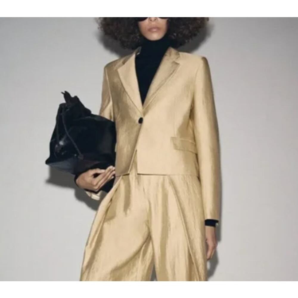 Zara Metallic Gold Cropped Lapel Collar Blazer Jacket Size Large